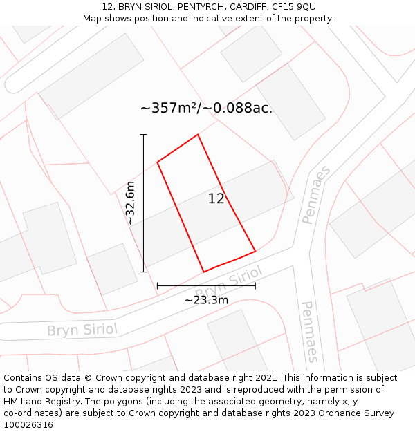 12, BRYN SIRIOL, PENTYRCH, CARDIFF, CF15 9QU: Plot and title map