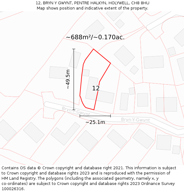 12, BRYN Y GWYNT, PENTRE HALKYN, HOLYWELL, CH8 8HU: Plot and title map