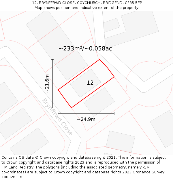 12, BRYNFFRWD CLOSE, COYCHURCH, BRIDGEND, CF35 5EP: Plot and title map
