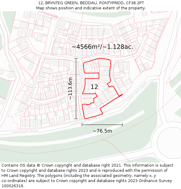 12, BRYNTEG GREEN, BEDDAU, PONTYPRIDD, CF38 2PT: Plot and title map