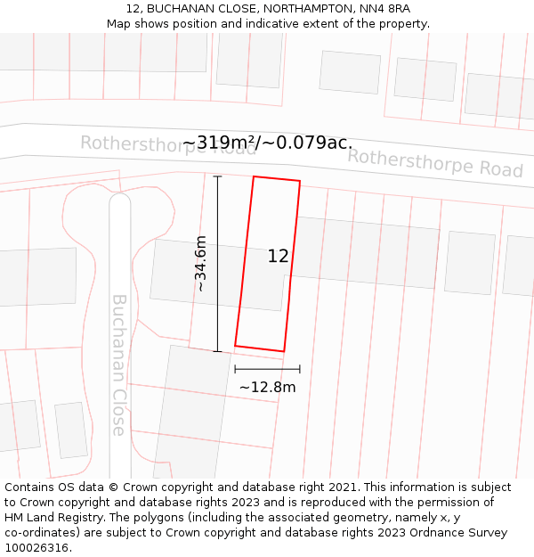 12, BUCHANAN CLOSE, NORTHAMPTON, NN4 8RA: Plot and title map