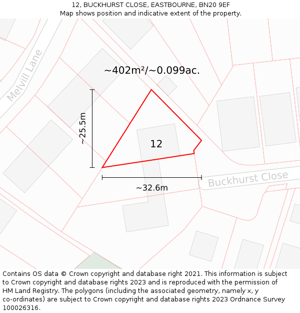 12, BUCKHURST CLOSE, EASTBOURNE, BN20 9EF: Plot and title map