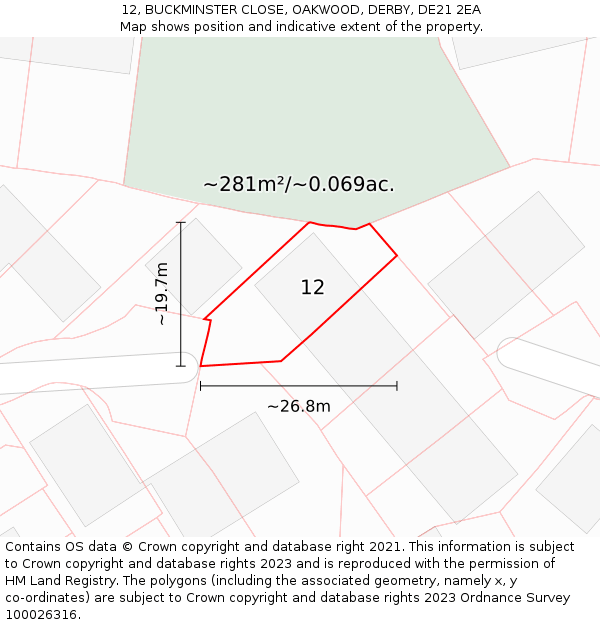 12, BUCKMINSTER CLOSE, OAKWOOD, DERBY, DE21 2EA: Plot and title map