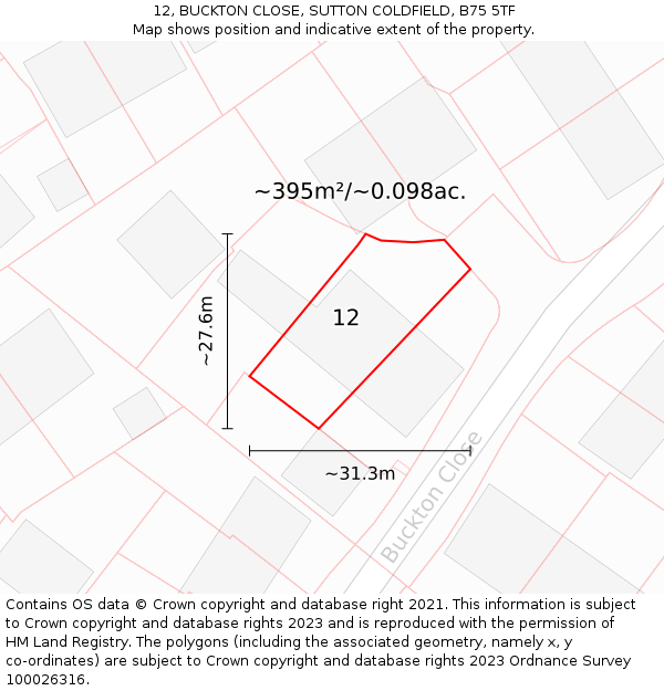 12, BUCKTON CLOSE, SUTTON COLDFIELD, B75 5TF: Plot and title map