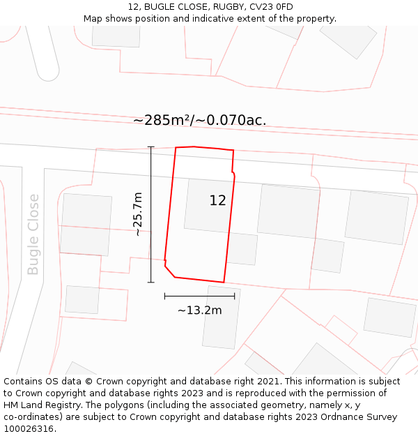 12, BUGLE CLOSE, RUGBY, CV23 0FD: Plot and title map