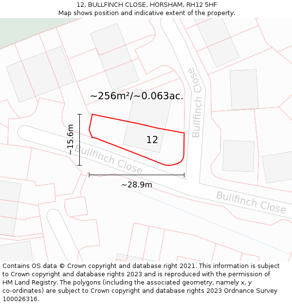 12, BULLFINCH CLOSE, HORSHAM, RH12 5HF: Plot and title map