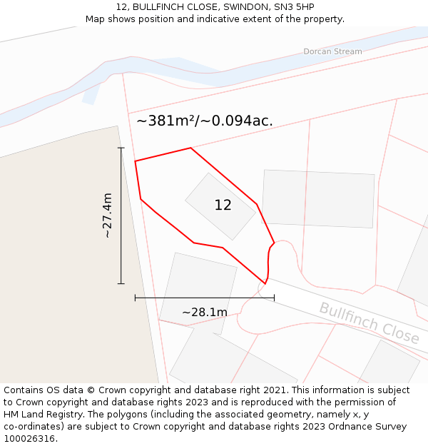 12, BULLFINCH CLOSE, SWINDON, SN3 5HP: Plot and title map