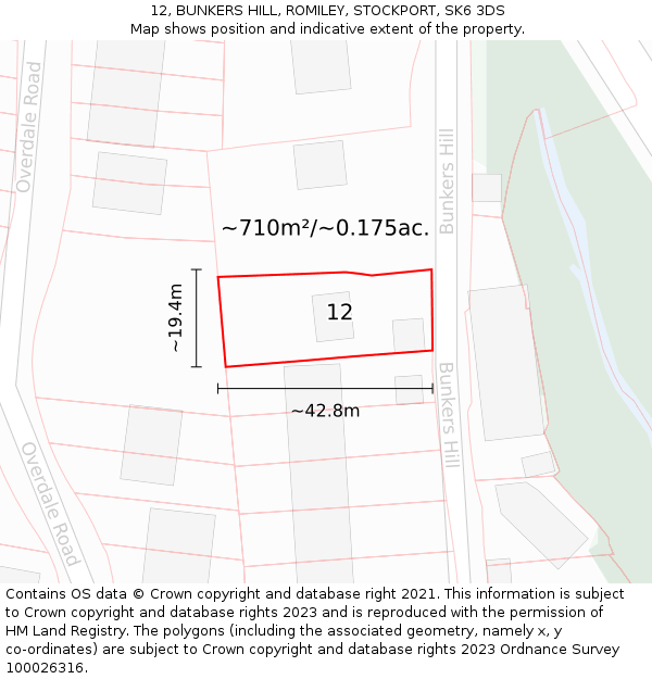 12, BUNKERS HILL, ROMILEY, STOCKPORT, SK6 3DS: Plot and title map