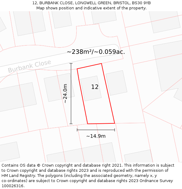 12, BURBANK CLOSE, LONGWELL GREEN, BRISTOL, BS30 9YB: Plot and title map