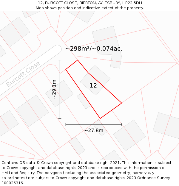 12, BURCOTT CLOSE, BIERTON, AYLESBURY, HP22 5DH: Plot and title map