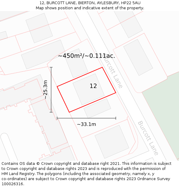 12, BURCOTT LANE, BIERTON, AYLESBURY, HP22 5AU: Plot and title map
