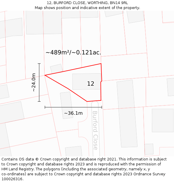 12, BURFORD CLOSE, WORTHING, BN14 9RL: Plot and title map