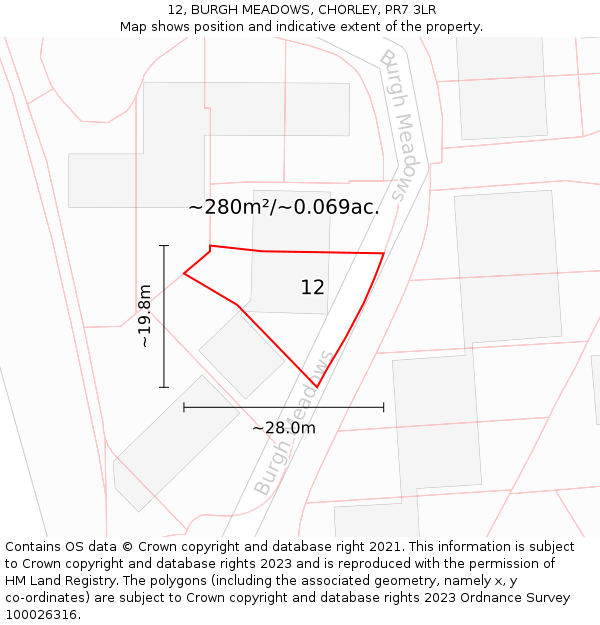 12, BURGH MEADOWS, CHORLEY, PR7 3LR: Plot and title map