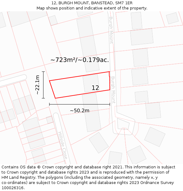 12, BURGH MOUNT, BANSTEAD, SM7 1ER: Plot and title map