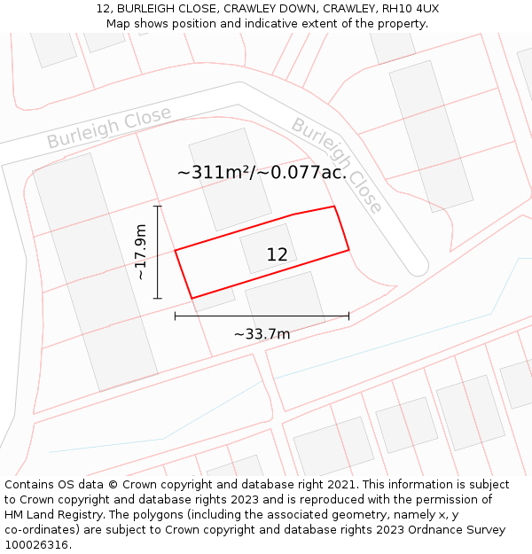 12, BURLEIGH CLOSE, CRAWLEY DOWN, CRAWLEY, RH10 4UX: Plot and title map