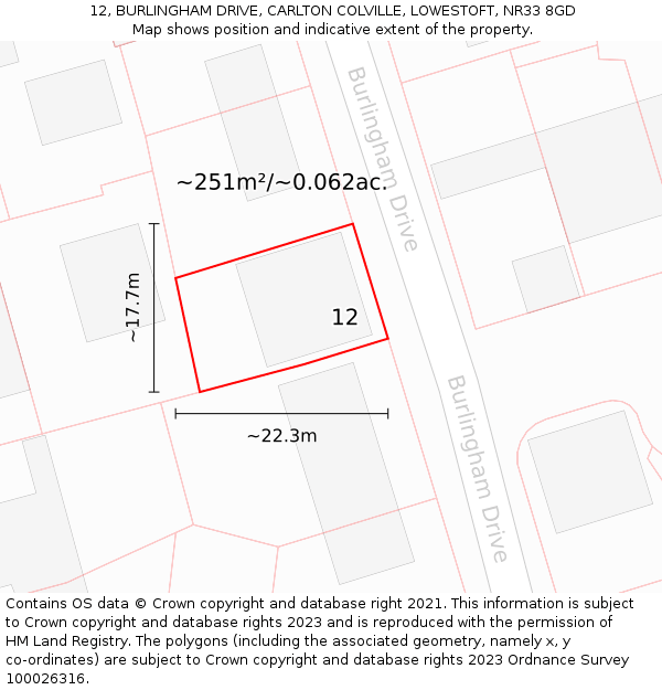 12, BURLINGHAM DRIVE, CARLTON COLVILLE, LOWESTOFT, NR33 8GD: Plot and title map