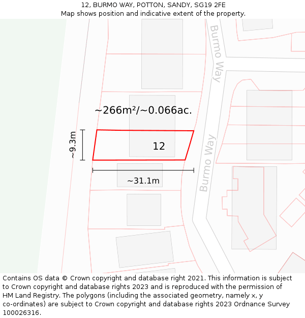 12, BURMO WAY, POTTON, SANDY, SG19 2FE: Plot and title map