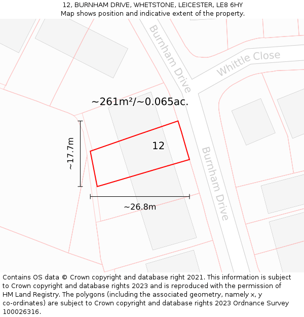 12, BURNHAM DRIVE, WHETSTONE, LEICESTER, LE8 6HY: Plot and title map