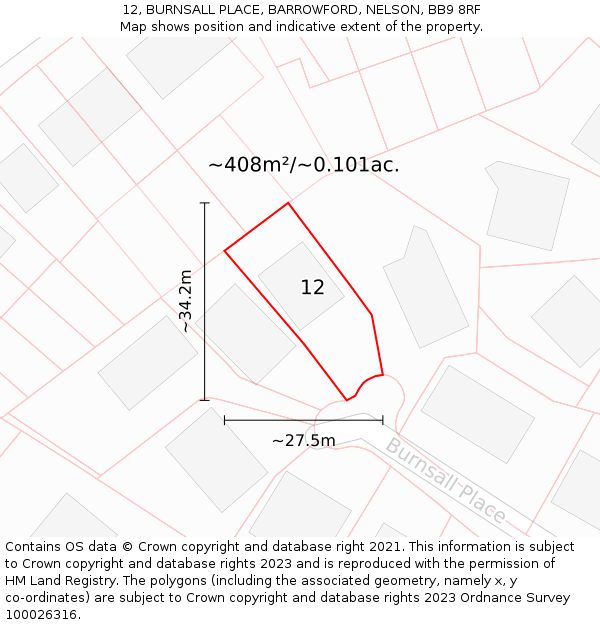 12, BURNSALL PLACE, BARROWFORD, NELSON, BB9 8RF: Plot and title map