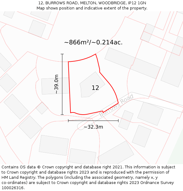 12, BURROWS ROAD, MELTON, WOODBRIDGE, IP12 1GN: Plot and title map
