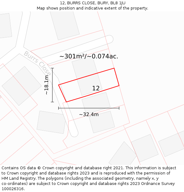 12, BURRS CLOSE, BURY, BL8 1JU: Plot and title map