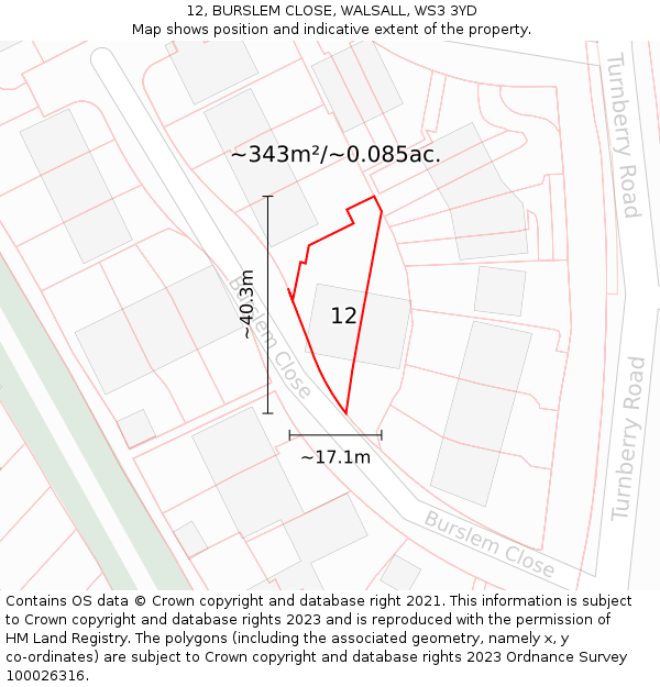 12, BURSLEM CLOSE, WALSALL, WS3 3YD: Plot and title map
