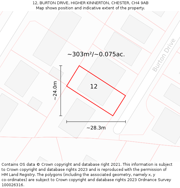 12, BURTON DRIVE, HIGHER KINNERTON, CHESTER, CH4 9AB: Plot and title map