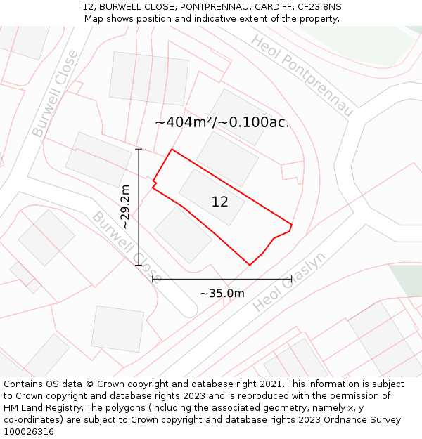 12, BURWELL CLOSE, PONTPRENNAU, CARDIFF, CF23 8NS: Plot and title map