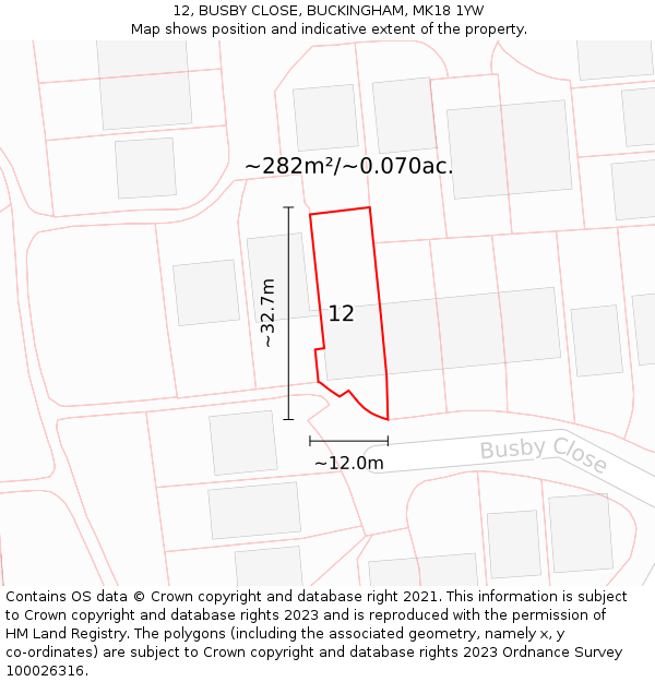 12, BUSBY CLOSE, BUCKINGHAM, MK18 1YW: Plot and title map