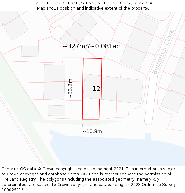 12, BUTTERBUR CLOSE, STENSON FIELDS, DERBY, DE24 3EX: Plot and title map