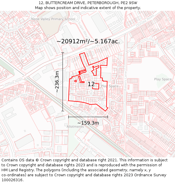 12, BUTTERCREAM DRIVE, PETERBOROUGH, PE2 9SW: Plot and title map