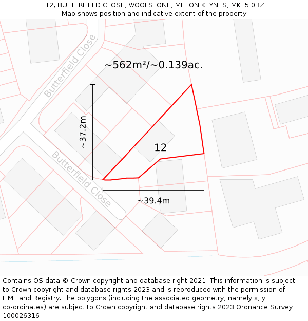 12, BUTTERFIELD CLOSE, WOOLSTONE, MILTON KEYNES, MK15 0BZ: Plot and title map
