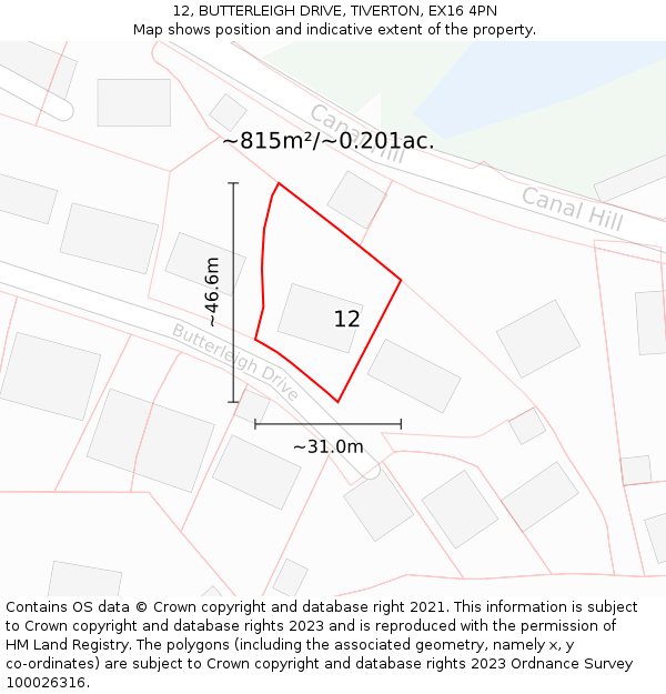 12, BUTTERLEIGH DRIVE, TIVERTON, EX16 4PN: Plot and title map