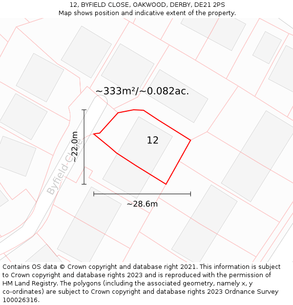 12, BYFIELD CLOSE, OAKWOOD, DERBY, DE21 2PS: Plot and title map