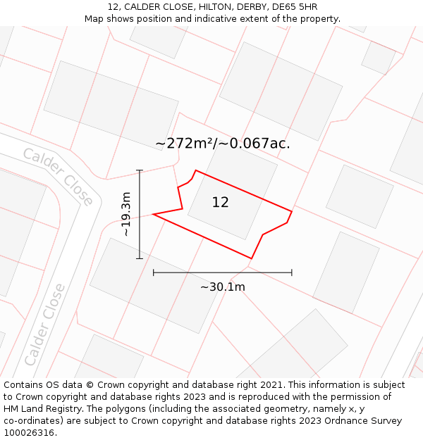 12, CALDER CLOSE, HILTON, DERBY, DE65 5HR: Plot and title map