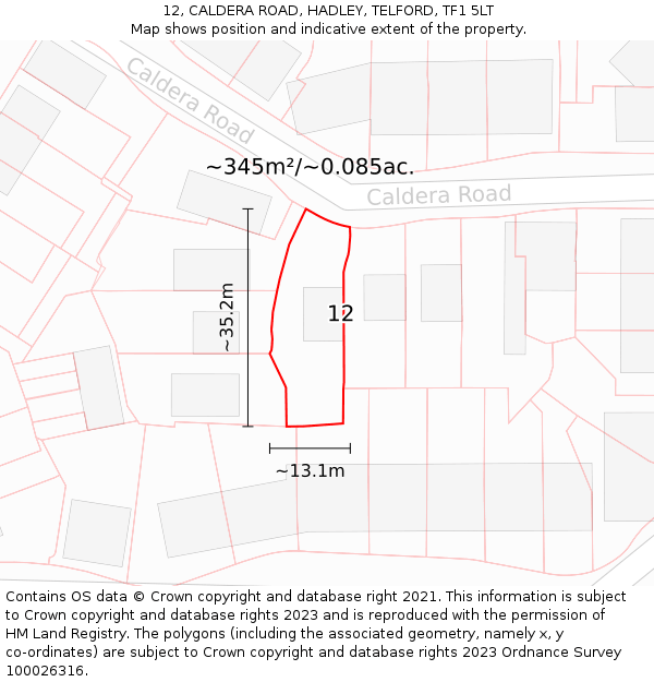 12, CALDERA ROAD, HADLEY, TELFORD, TF1 5LT: Plot and title map