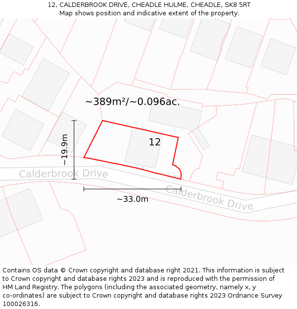 12, CALDERBROOK DRIVE, CHEADLE HULME, CHEADLE, SK8 5RT: Plot and title map
