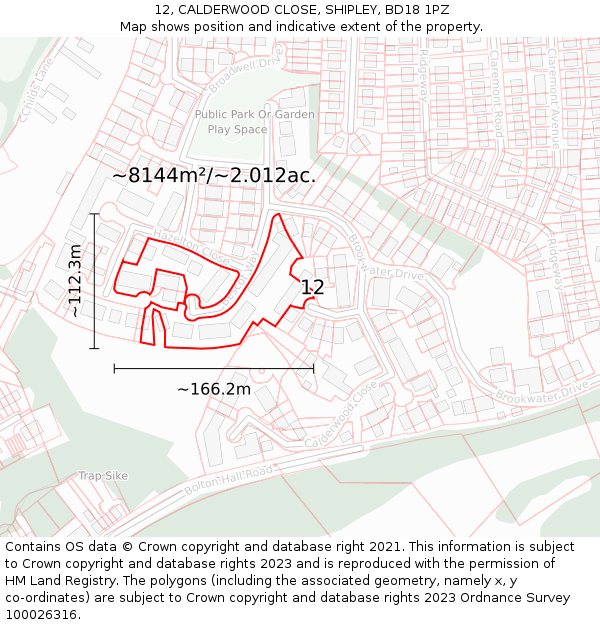 12, CALDERWOOD CLOSE, SHIPLEY, BD18 1PZ: Plot and title map