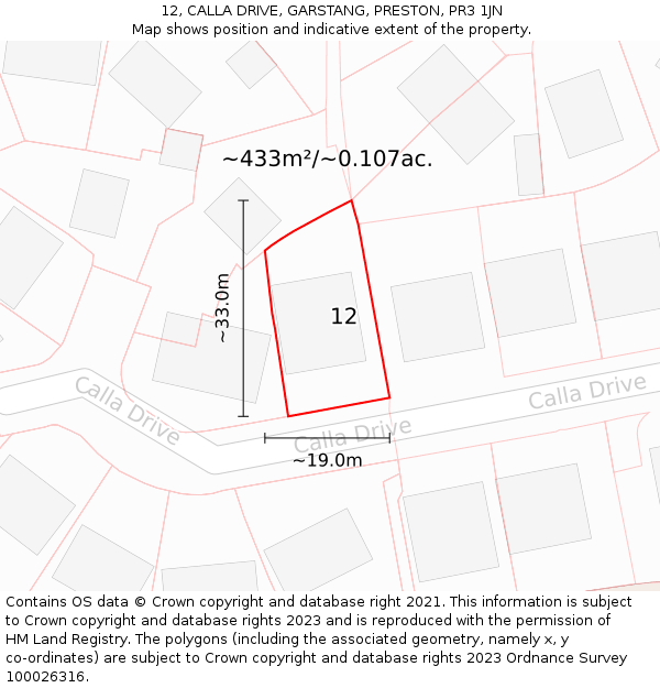 12, CALLA DRIVE, GARSTANG, PRESTON, PR3 1JN: Plot and title map