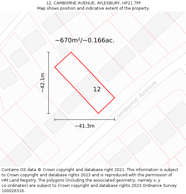 12, CAMBORNE AVENUE, AYLESBURY, HP21 7PF: Plot and title map