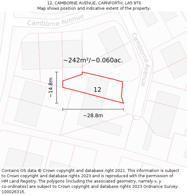 12, CAMBORNE AVENUE, CARNFORTH, LA5 9TS: Plot and title map