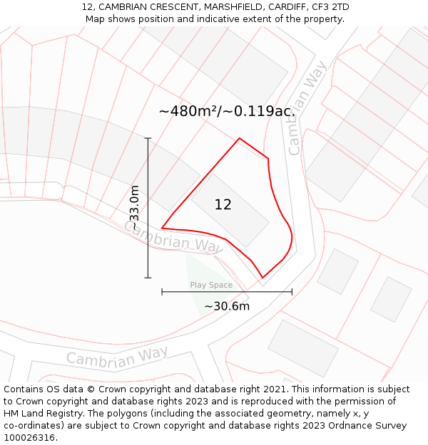 12, CAMBRIAN CRESCENT, MARSHFIELD, CARDIFF, CF3 2TD: Plot and title map