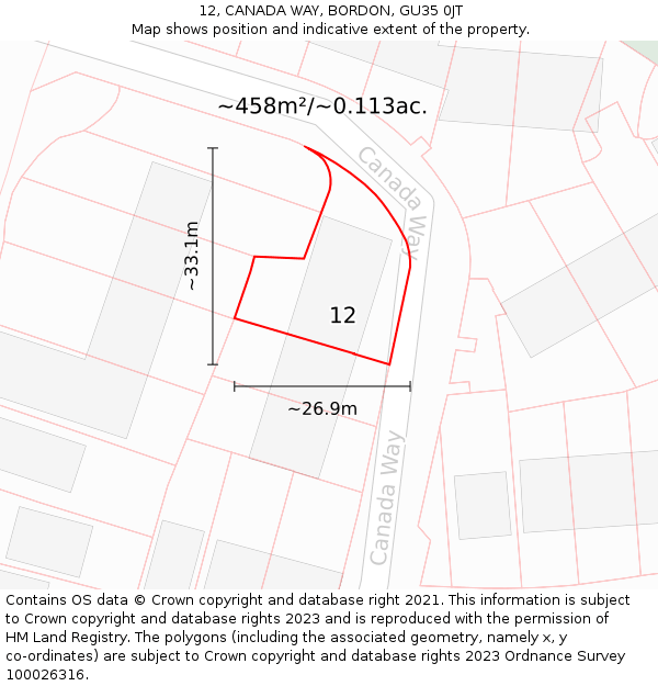 12, CANADA WAY, BORDON, GU35 0JT: Plot and title map