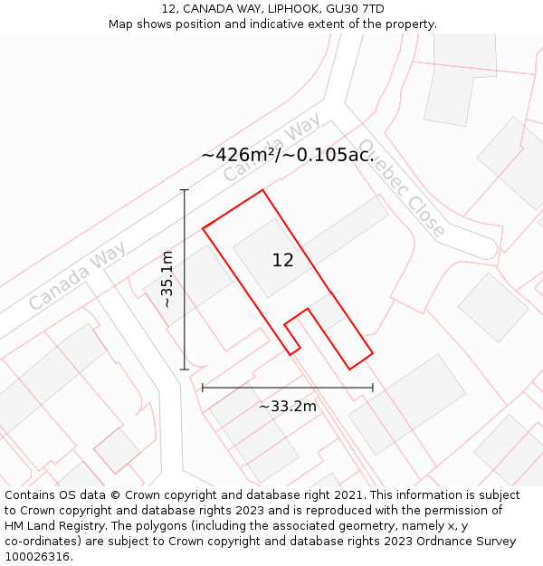 12, CANADA WAY, LIPHOOK, GU30 7TD: Plot and title map