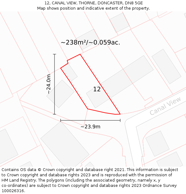 12, CANAL VIEW, THORNE, DONCASTER, DN8 5GE: Plot and title map