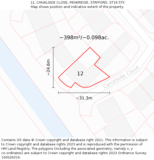 12, CANALSIDE CLOSE, PENKRIDGE, STAFFORD, ST19 5TX: Plot and title map