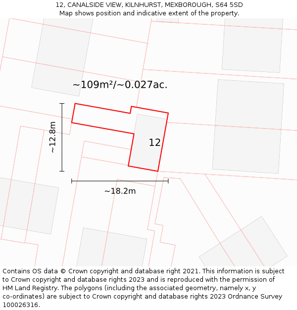 12, CANALSIDE VIEW, KILNHURST, MEXBOROUGH, S64 5SD: Plot and title map