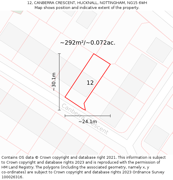 12, CANBERRA CRESCENT, HUCKNALL, NOTTINGHAM, NG15 6WH: Plot and title map