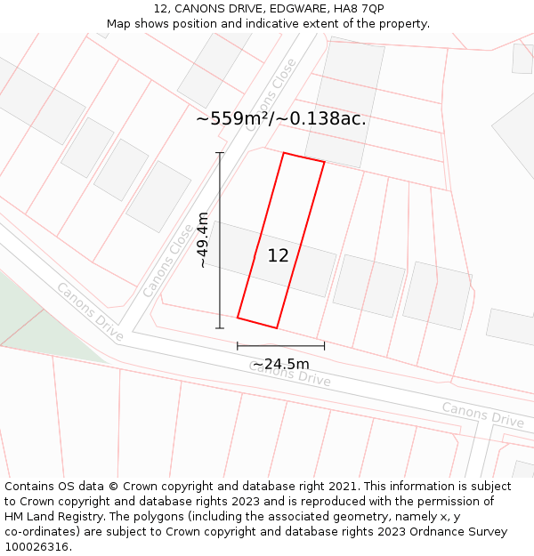 12, CANONS DRIVE, EDGWARE, HA8 7QP: Plot and title map