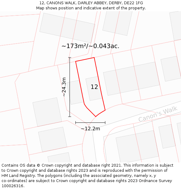 12, CANONS WALK, DARLEY ABBEY, DERBY, DE22 1FG: Plot and title map